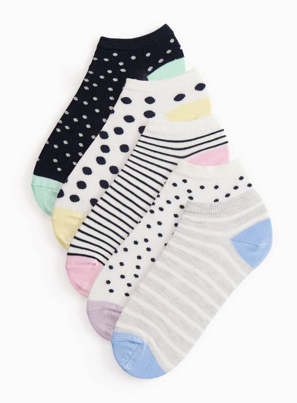 Polka Dot & Stripe Print Trainer Socks 5 Pack 4-8